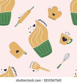 Patrón incomparable de quequitos dibujados a mano, concepto de panadería. Ilustración plana para clases de cocina, cursos, menú, diseño de café.