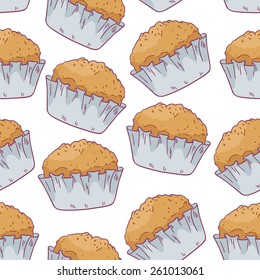Seamless pattern with hand drawn cupcakes in vector. Background with pastries