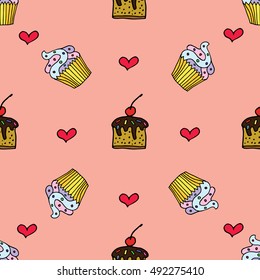 Seamless pattern with hand drawn cupcakes and hearts