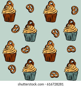 Seamless pattern with hand drawn cupcakes