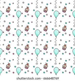 Seamless pattern with a hand drawn cupcakes, balloons and confetti.