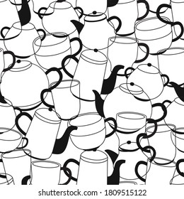 Seamless pattern of hand drawn cups and  teapots. Flat vector illustration  for fabric textile or wrapping paper.