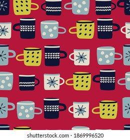Seamless pattern. Hand drawn cups decorated with patterns in Scandinavian style on red background. Hot drinks, Christmas, winter holidays concept. For wrapping paper, other design projects