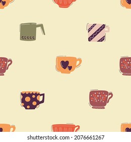 Seamless pattern of hand drawn cups. Flat illustration for print design.