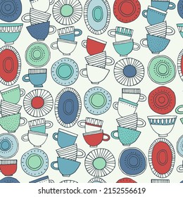 Seamless pattern. Hand drawn cups, plates and saucers decorated with patterns in Scandinavian style. Hot drinks, Pottery, holidays concept. For wrapping paper, other design projects