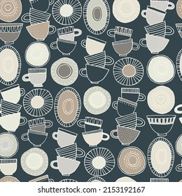 Seamless pattern. Hand drawn cups, plates and saucers decorated with patterns in Scandinavian style. Hot drinks, Pottery, holidays concept. For wrapping paper, other design projects