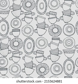 Seamless pattern. Hand drawn cups, plates and saucers decorated with patterns in Scandinavian style. Hot drinks, Pottery, holidays concept. For wrapping paper, other design projects