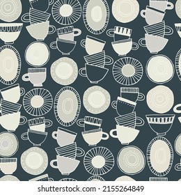 Seamless pattern. Hand drawn cups, plates and saucers decorated with patterns in Scandinavian style. Hot drinks, Pottery, holidays concept. For wrapping paper, other design projects