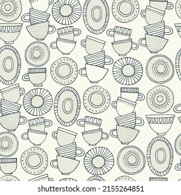 Seamless pattern. Hand drawn cups, plates and saucers decorated with patterns in Scandinavian style. Hot drinks, Pottery, holidays concept. For wrapping paper, other design projects