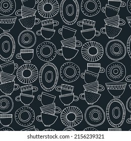 Seamless pattern. Hand drawn cups, plates and saucers decorated with patterns in Scandinavian style. Hot drinks, Pottery, holidays concept. For wrapping paper, other design projects