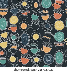 Seamless pattern. Hand drawn cups, plates and saucers decorated with patterns in Scandinavian style. Hot drinks, Pottery, holidays concept. For wrapping paper, other design projects