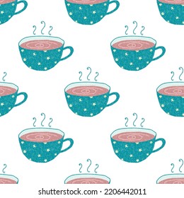 Seamless pattern with hand drawn cups of coffee illustrations on white background. Autumn and winter mood. Scandinavian style