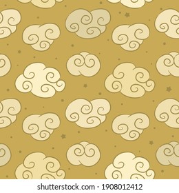Seamless pattern of hand drawn curly clouds. Cloudy background in golden tones. Vector illustration in Chinese style. Fantasy weather elements.