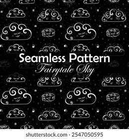 Seamless pattern with Hand drawn curly doodles of rainy clouds on a transparent background