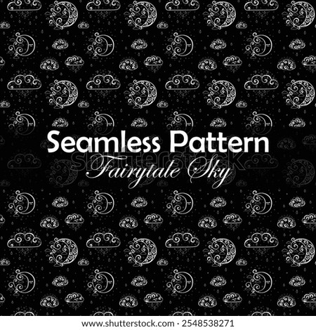 Seamless pattern with Hand drawn curly doodles of the moons and rainy clouds on a transparent background