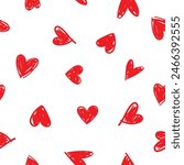  Seamless pattern with hand drawn cute red hearts ink vector illustration