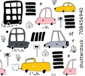 Seamless pattern with hand drawn cute car. Cartoon cars, road sign,zebra crossing vector illustration.Perfect for kids fabric,textile,nursery wallpaper