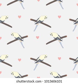 Seamless pattern with hand drawn cute bird on a branch. Vector Illustration
