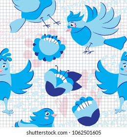 Seamless pattern with hand drawn cute birds on checked background. Creative modern texture for fabric, textile, wallpaper. Vector illustration.
