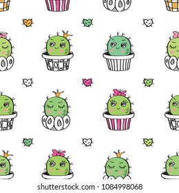 Seamless pattern with hand drawn cute cactuses and hearts for kids textile, wallpapers, gift wrap. Vector illustration.