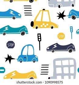 Seamless pattern with hand drawn cute car. Cartoon cars, road sign,zebra crossing vector illustration.Perfect for kids fabric,textile,nursery wallpaper