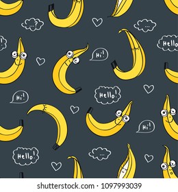 Seamless pattern with hand drawn cute bananas for textile, wallpapers, gift wrap. Dark grey background. Vector illustration.