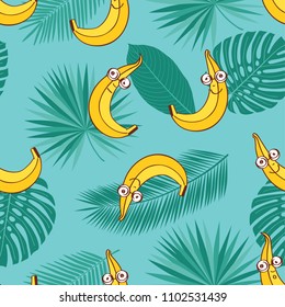 Patrón sin inconvenientes con bananas y hojas tropicales dibujadas a mano para textiles, tapicería, envoltura de regalo. Ilustración vectorial.