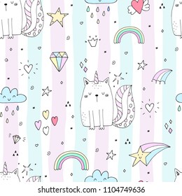 Seamless pattern with hand drawn cute cats unicorn. Cartoon cat vector illustration