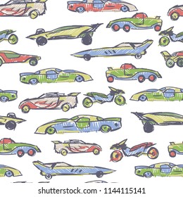 Seamless pattern with hand drawn cute car. Cartoon cars vector illustration.Perfect for kids fabric,textile,nursery wallpaper