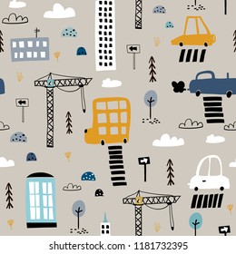Seamless pattern with hand drawn cute car and skyscrapers. Cartoon cars, road sign,zebra crossing vector illustration.Perfect for kids fabric,textile,nursery wallpaper