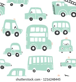 Seamless pattern with hand drawn cute green cars. Perfect for kids fabric,textile,nursery wallpaper.
