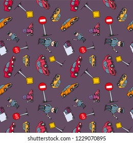 Seamless pattern with hand drawn cute car. Perfect for kids fabric, textile, nursery wallpaper.