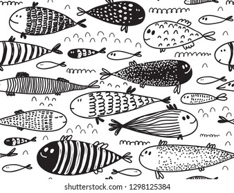 Seamless pattern with hand drawn cute fish in sketch style. Vector decorative endless marine background. Fabric design.