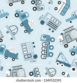 Seamless pattern with hand drawn cute car. Perfect for kids fabric, textile, nursery wallpaper. Blue background.