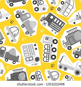 Seamless pattern with hand drawn cute car. Perfect for kids fabric, textile, nursery wallpaper. Yellow background.