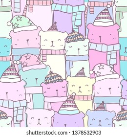 Seamless pattern with hand drawn cute bear family in pastel color. Kawaii background for kid fabric pattern, baby wallpaper, nursery, wrapping paper, scrapbook and packaging design
