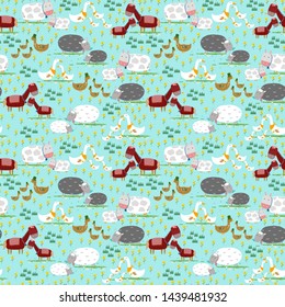 Seamless pattern of hand drawn cute cartoon farm animals,little duck and mom,horse and pony,goose,cow and calf,sheep,lamb in flower and grass field.Vector design for kids print,card,wallpaper,fabric.