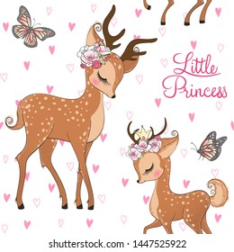 Seamless pattern with hand drawn cute, romantic, dreaming baby princess deer, fawn with floral wreath. Vector illustration.