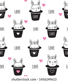 Seamless pattern with hand drawn cute rabbits in a black hats and hearts for textile, wallpapers, gift wrap and scrapbook. Elements for Valentine's Day, birthday, wedding. Vector.