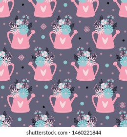 Seamless pattern with hand drawn cute watering can and beautiful flowers