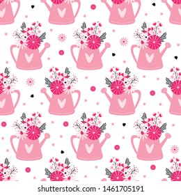 Seamless pattern with hand drawn cute watering can and beautiful flowers