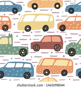 Seamless pattern with hand drawn cute car. Doodle cars vector illustration. Design for fabric, textile print, wrapping paper, children textile. 