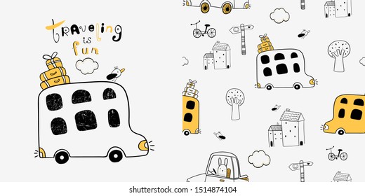 Seamless Pattern With Hand Drawn Cute Bus. Can Be Used For Kids Fabric,textile,nursery Wallpaper.