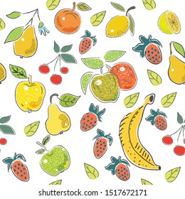 Seamless Pattern with Hand Drawn Cute Fruits. Scandinavian Style. Vector Illustration