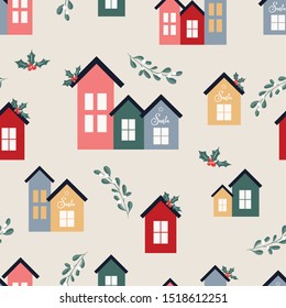Seamless pattern with hand drawn cute house, floral branches, mistletoe, florals in modern scandinavian style. Repeating background for wrapping paper, fabric, stationary products decoration.