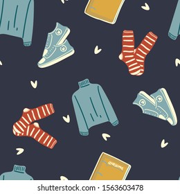 seamless pattern with hand drawn cute journal,socks,sweater,shoes. Creative travel essentials texture for fabric, wrapping, textile, wallpaper, apparel. Vector illustration