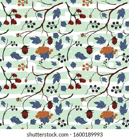 Seamless Pattern with hand drawn cute forest berries on blue background. Vector Illustration