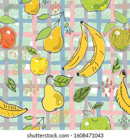 Seamless Pattern with Hand Drawn Cute Fruits. Scandinavian Style. 