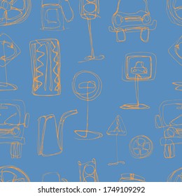 Seamless pattern of hand drawn cute cartoon cars and signs for kids design.