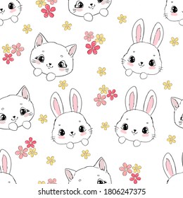 Seamless pattern hand drawn cute cat and bunny with daisy flowers vector illustration childish design print for baby textiles and background